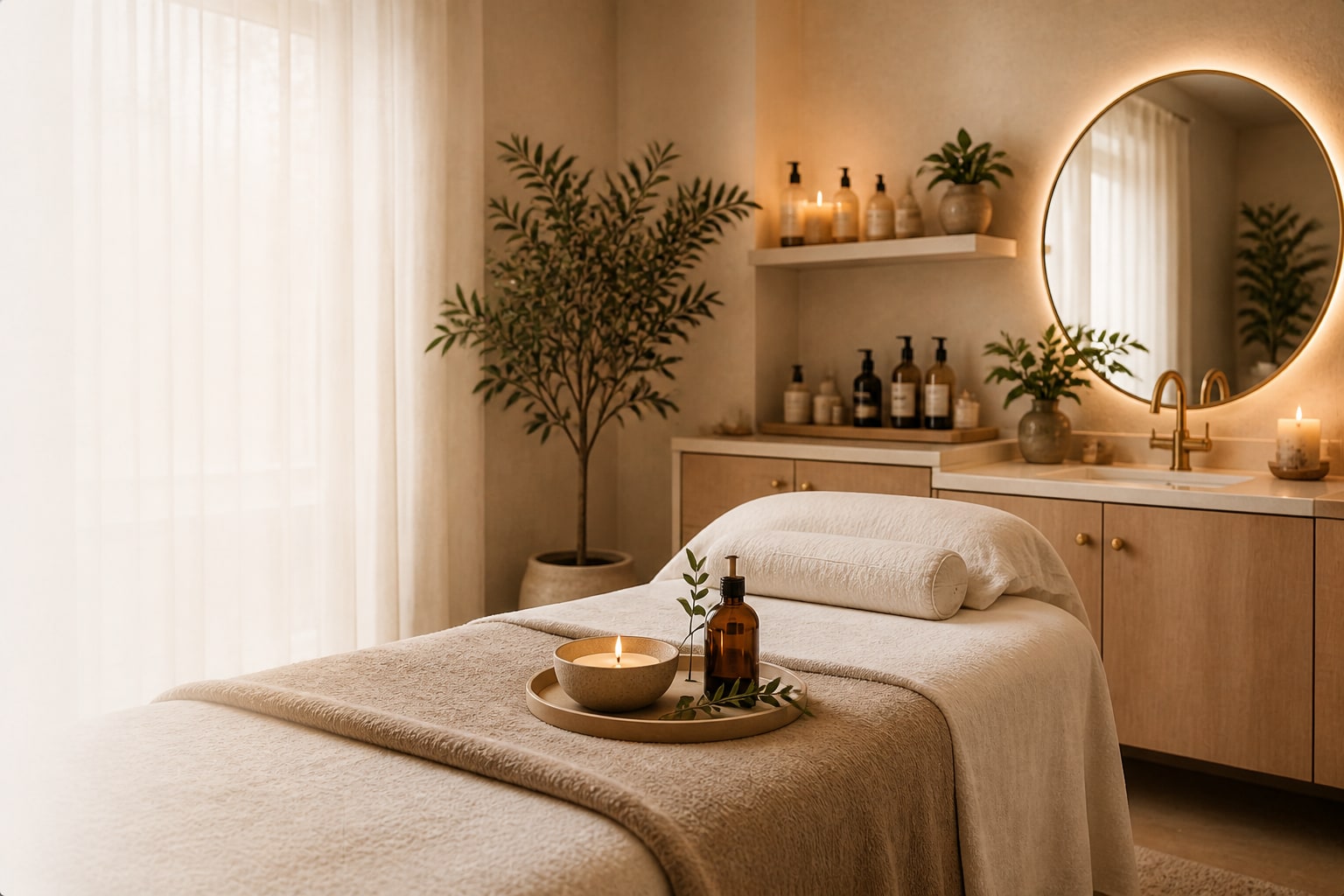 Warm premium spa treatment room with a treatment bed, product shelving and a round mirror